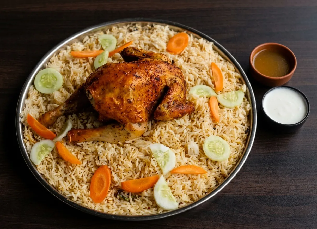 Traditional Arabian Chicken Mandi with long-grain Basmati rice